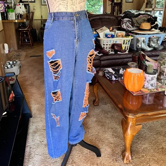 High Rise Jeans for Women Trendy 90s Denim Straight Leg Jeans orange thread rips - Picture 13 of 16
